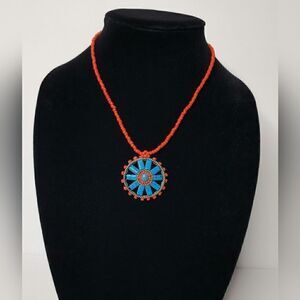 Vintage Native Turquoise red seed beaded necklace